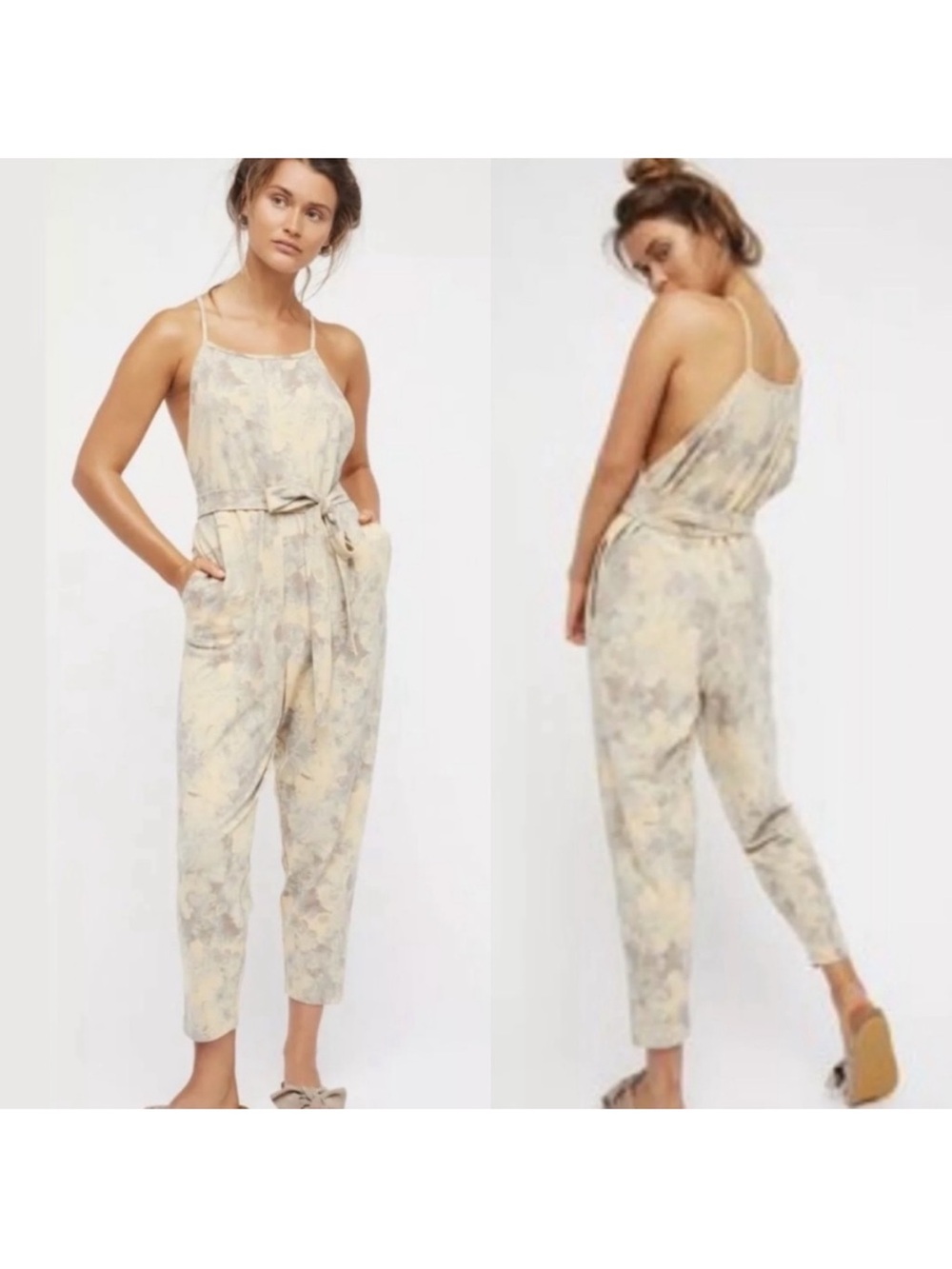 Free People Pale Floral Tie-Waist Strappy Jumpsuit